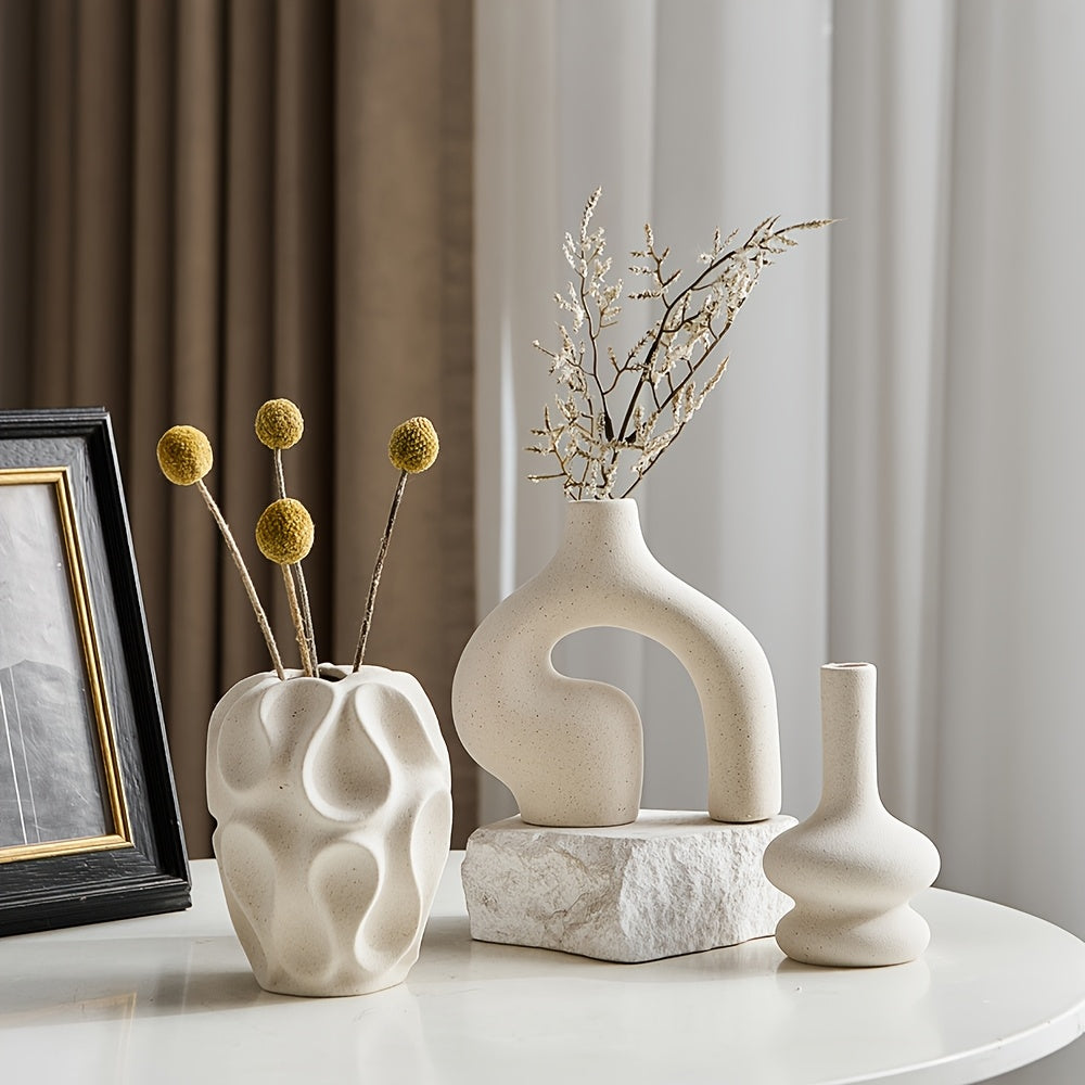 Boho Ceramic Vase Set with Geometric Shapes - Modern Nordic Decor