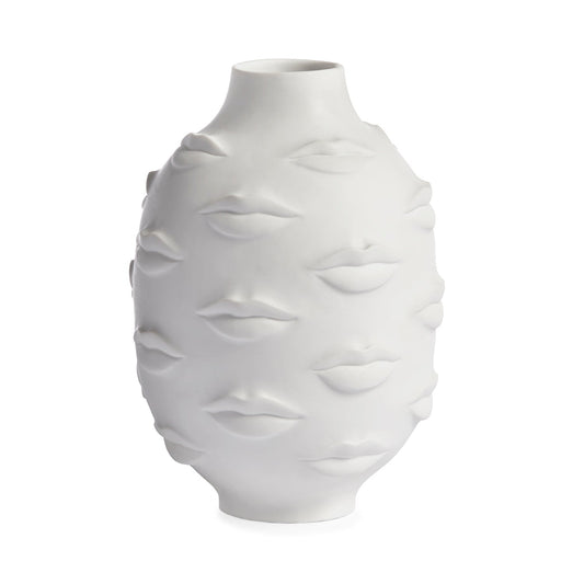 Matte White Porcelain Round Vase with Lip Pattern