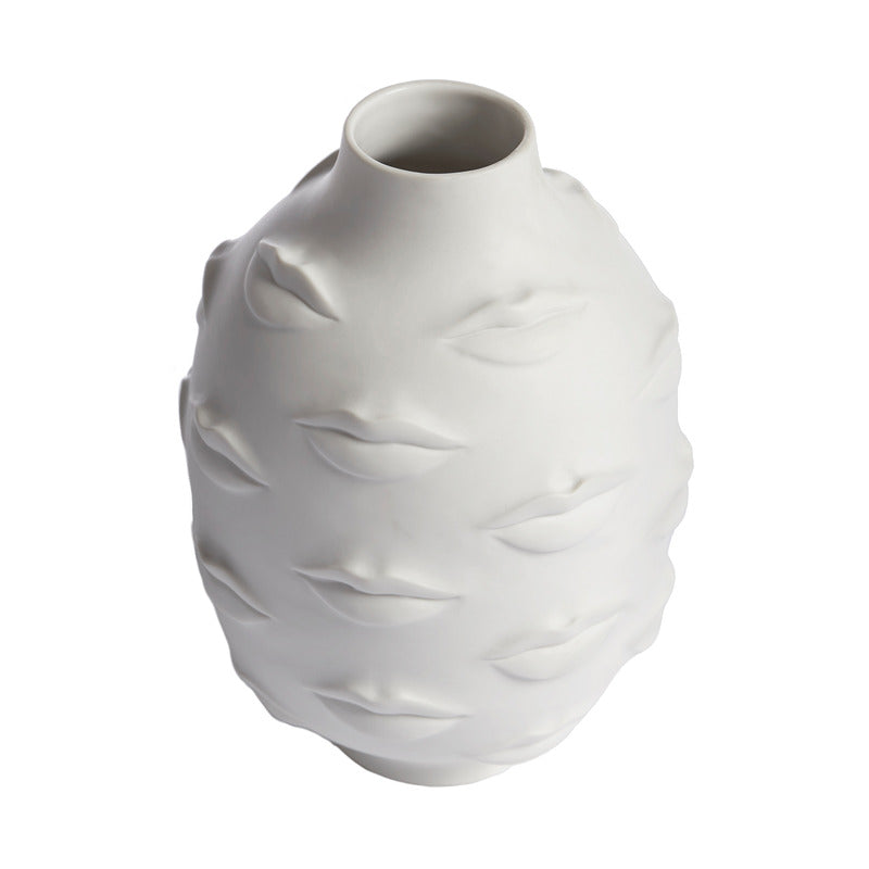 Matte White Porcelain Round Vase with Lip Pattern
