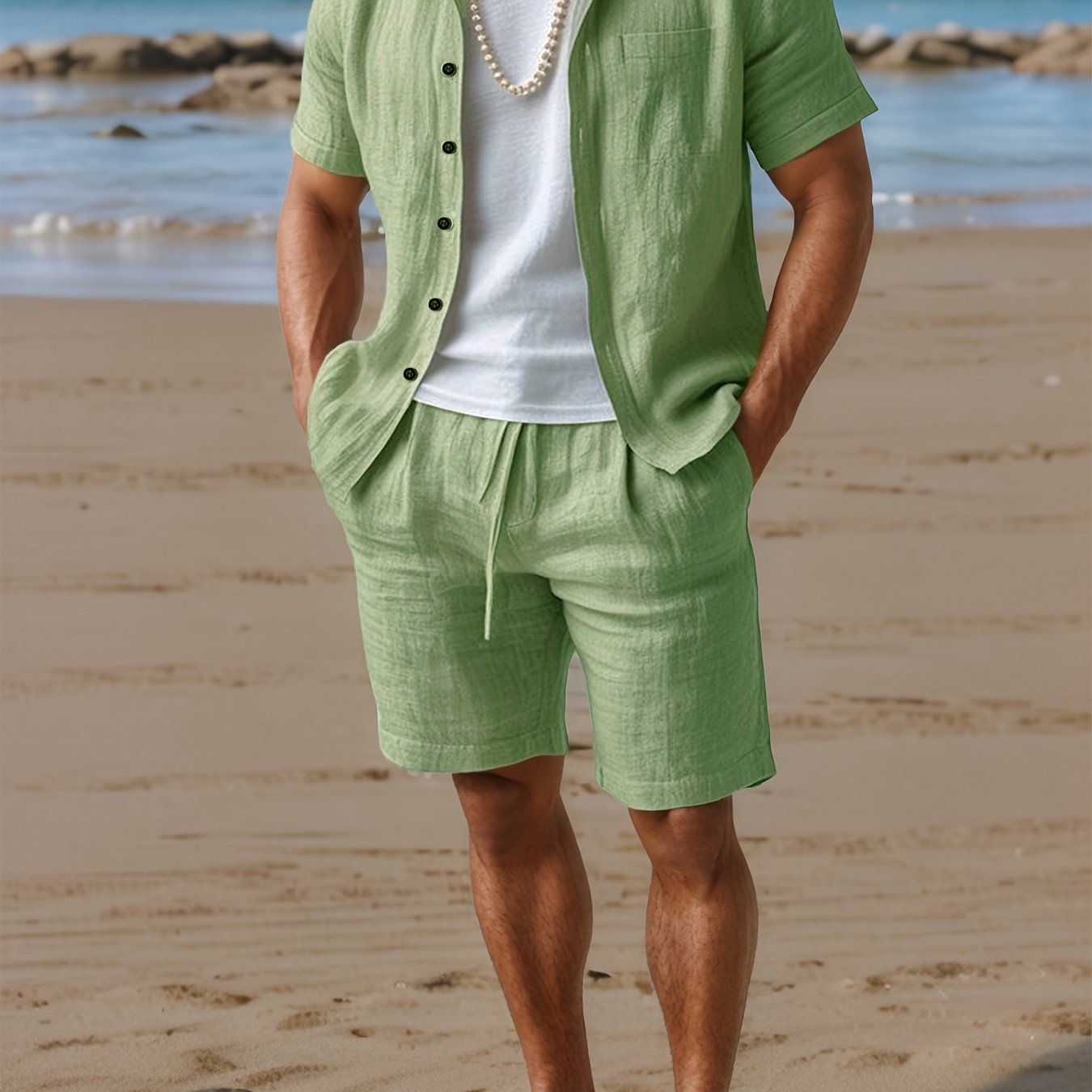 Linen Look Short Sleeve Summer Set for Men with Elastic Waist Shorts