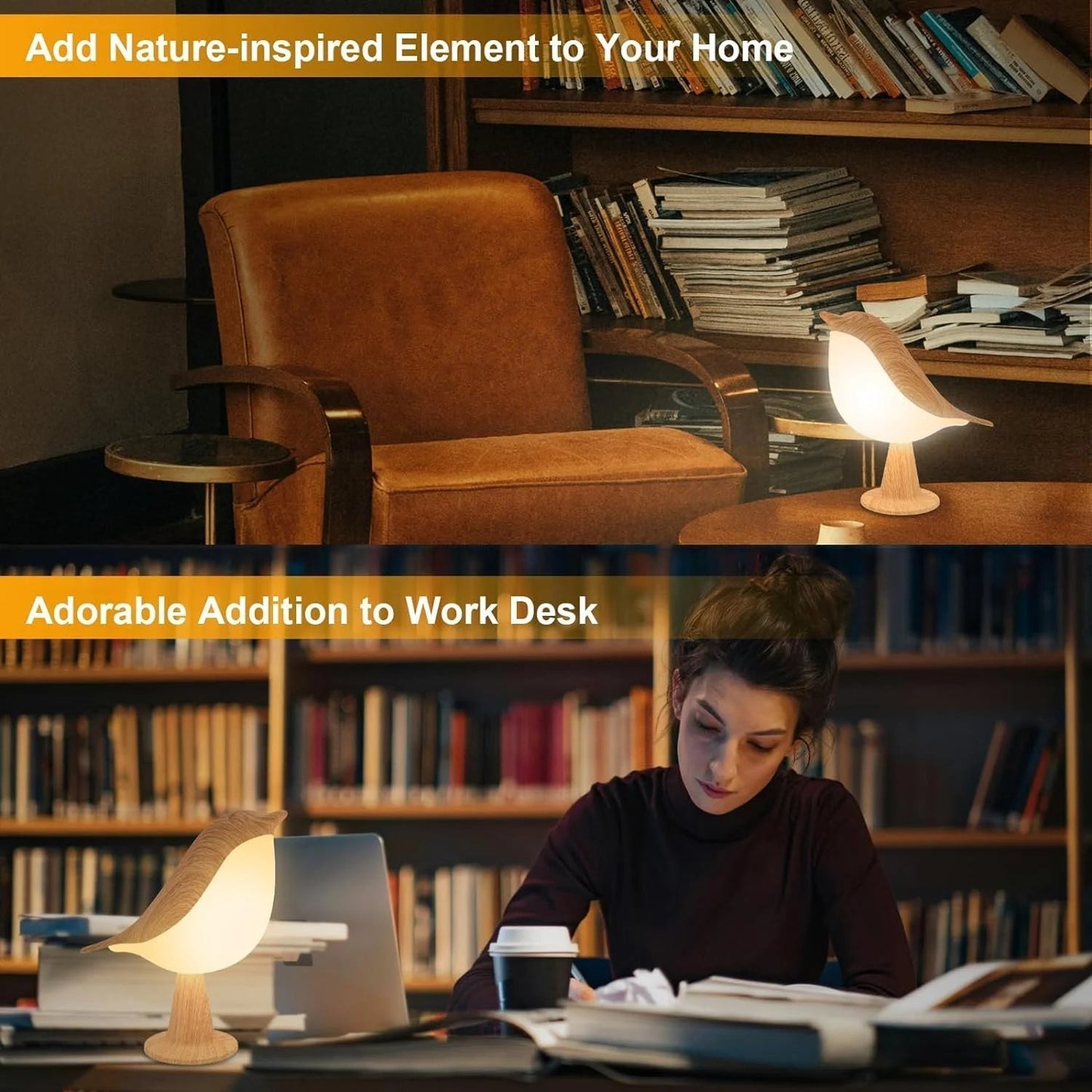 Touch-Control Wooden Bird Night Light with Aromatherapy Diffuser - Rechargeable LED Lamp