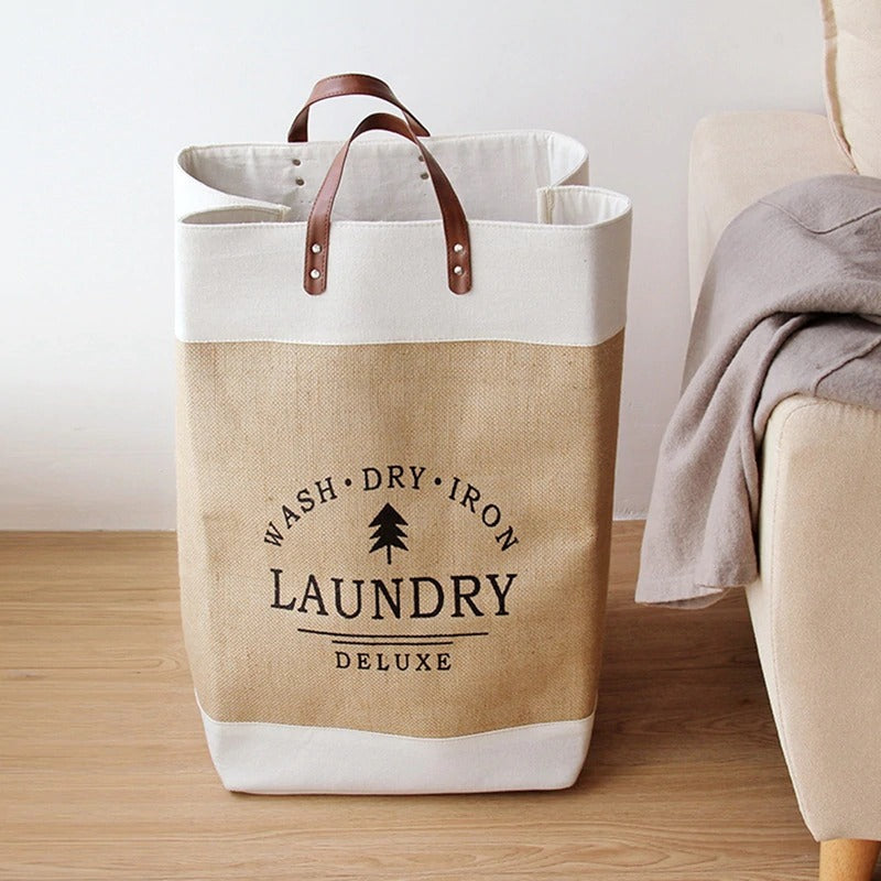 Foldable Fabric Laundry Basket - Portable Hemp Look Design