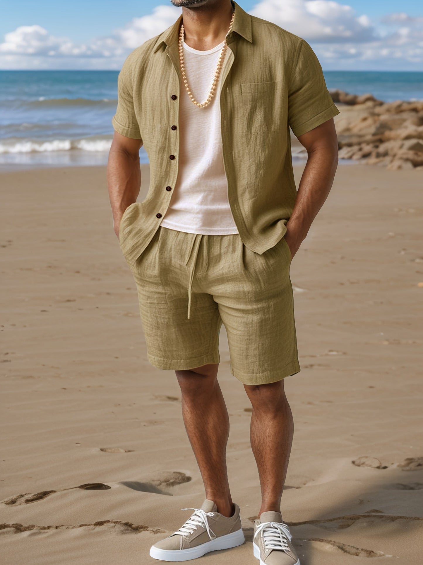Linen Look Short Sleeve Summer Set for Men with Elastic Waist Shorts
