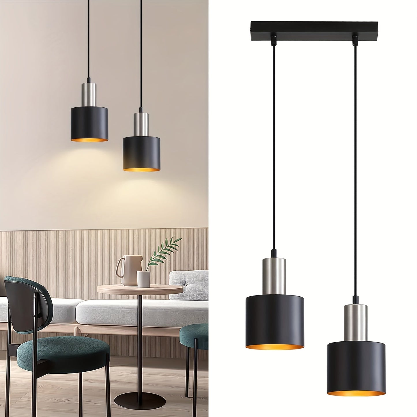 Black and Gold Industrial Pendant Light with Adjustable Height