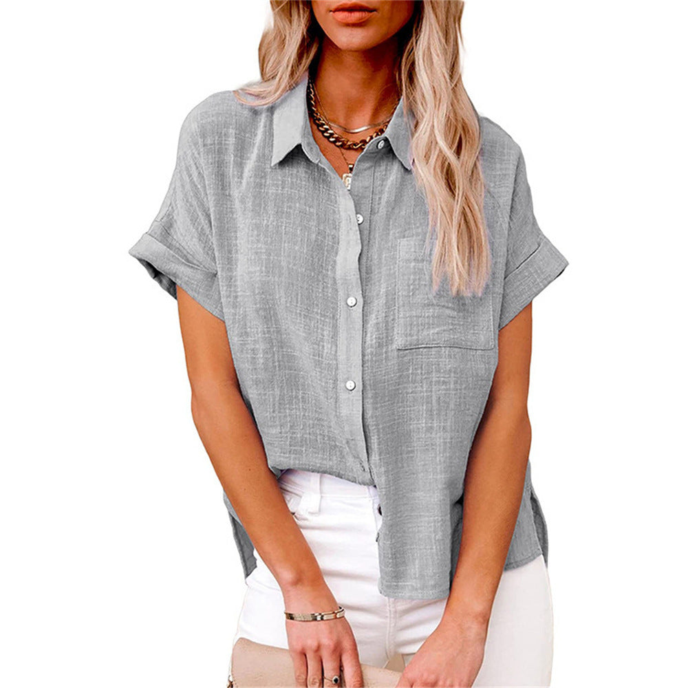 Women’s Loose Fit Cotton-Linen Blouse with Button Closure and Short Sleeves