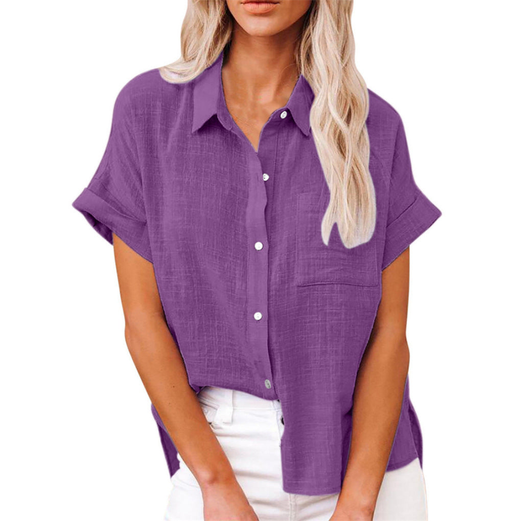 Women’s Loose Fit Cotton-Linen Blouse with Button Closure and Short Sleeves