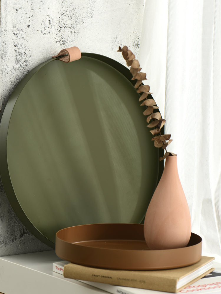 Nordic Style Leather Handle Round Wrought Iron Tray