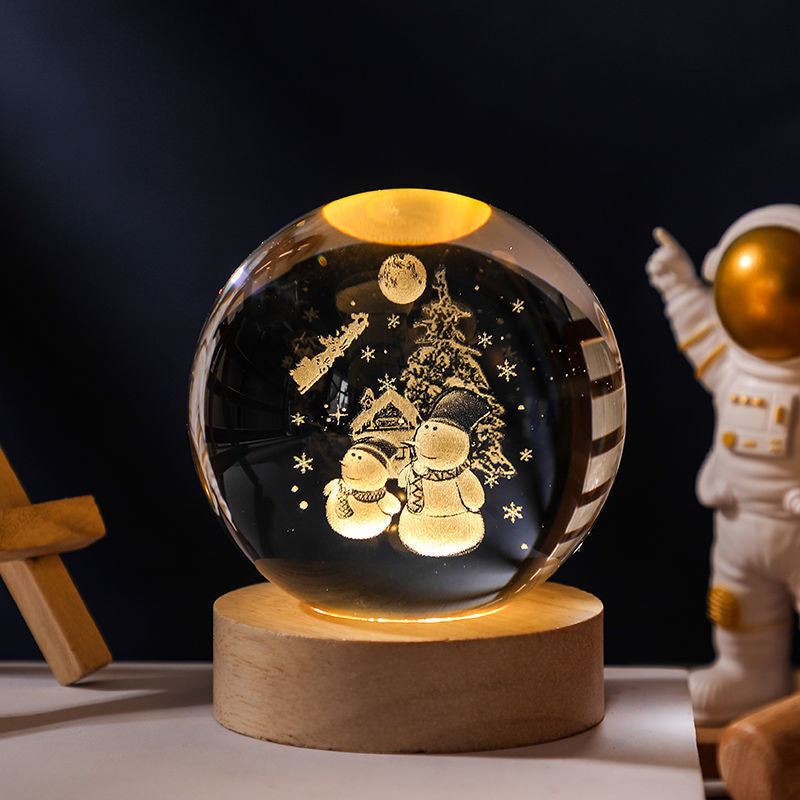 3D Solar System Crystal Ball Night Light with Wooden Base