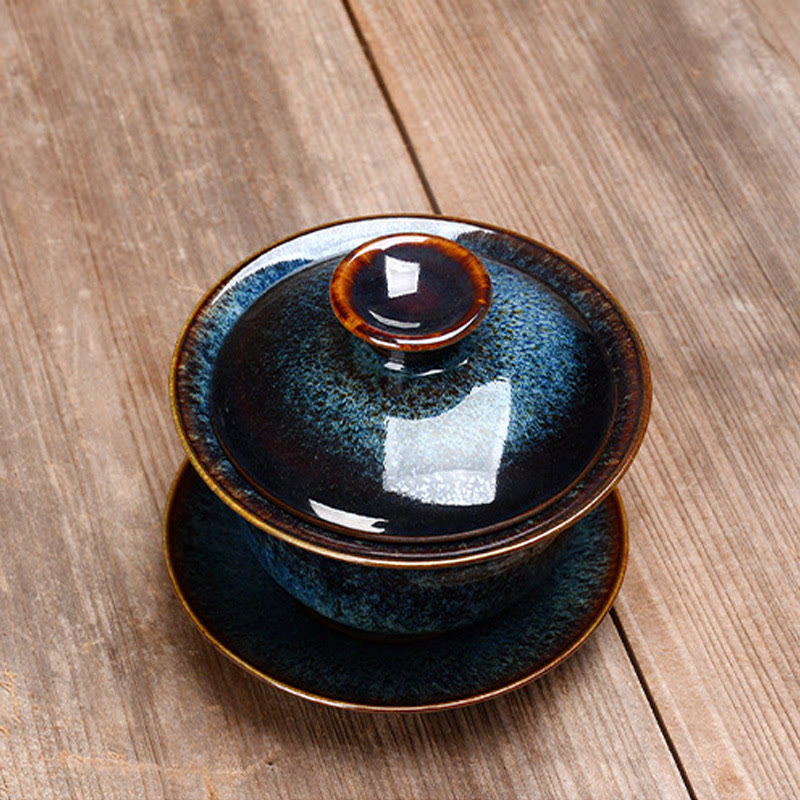 Vintage Ceramic Gaiwan Tea Cup and Saucer Set with Lid