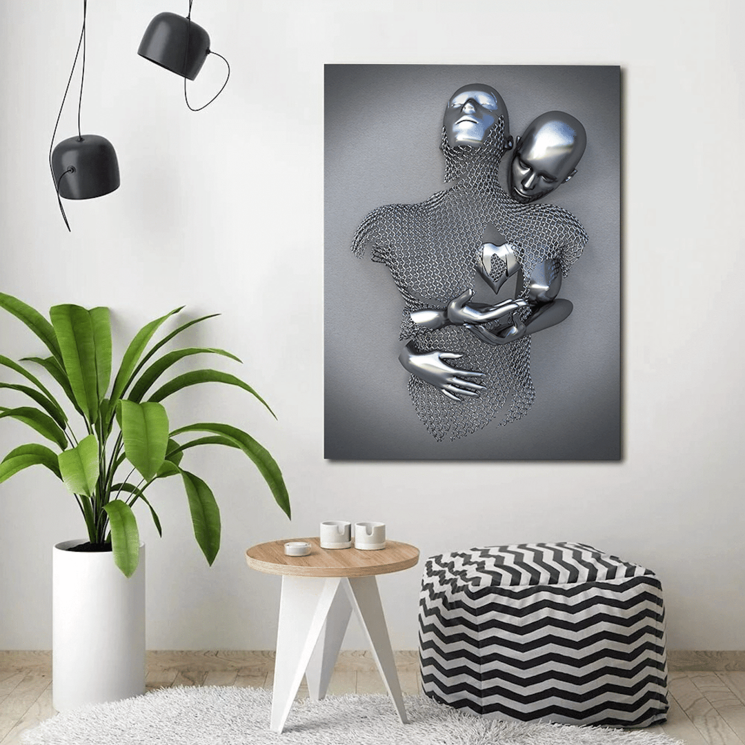 Abstract Love Wall Art - Metallic Couple Sculpture on Canvas