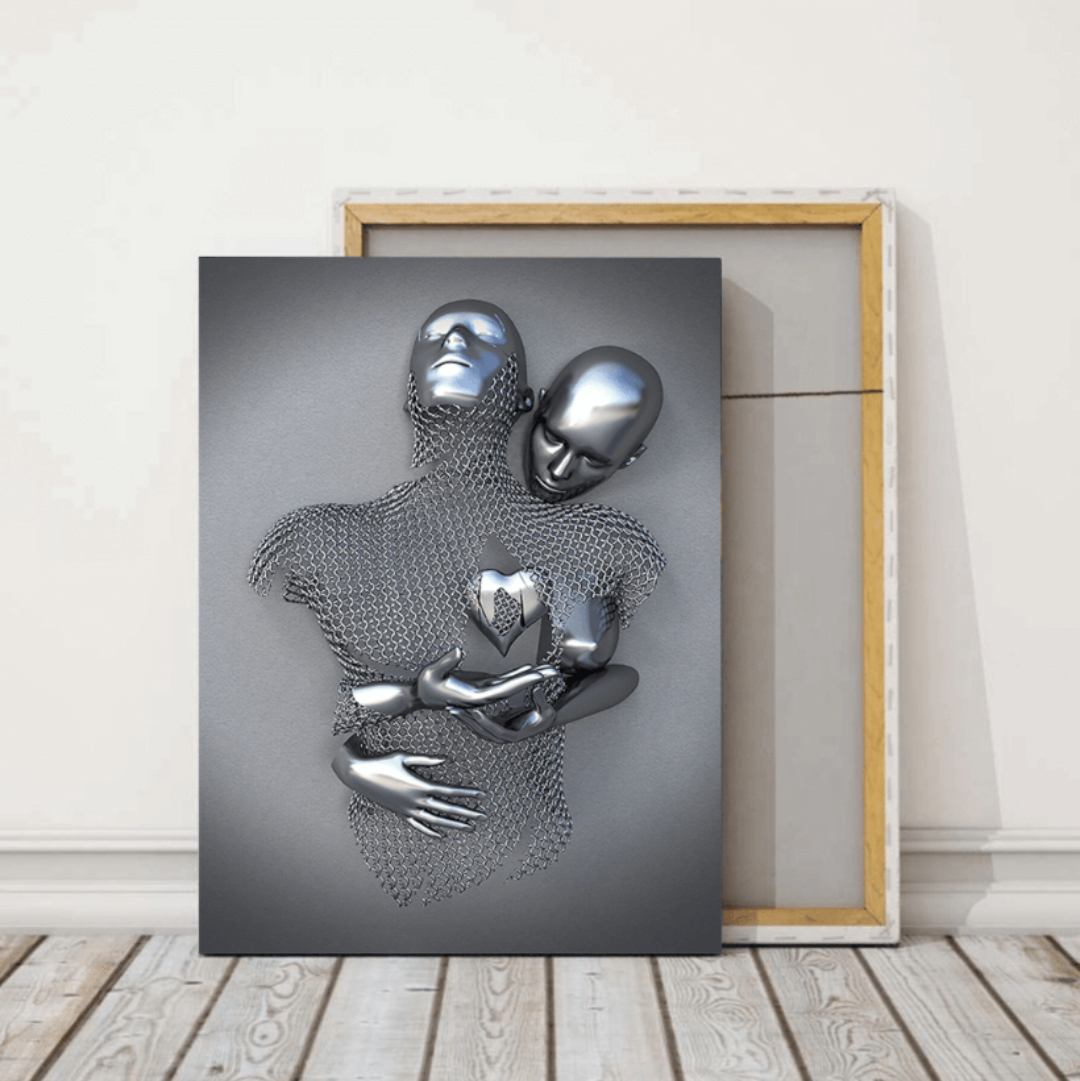 Abstract Love Wall Art - Metallic Couple Sculpture on Canvas