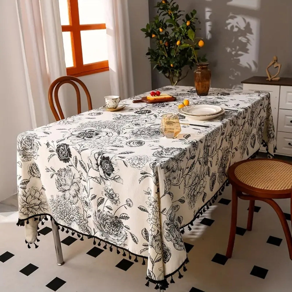 Black Floral Tasseled Tablecloth for Rustic Dining
