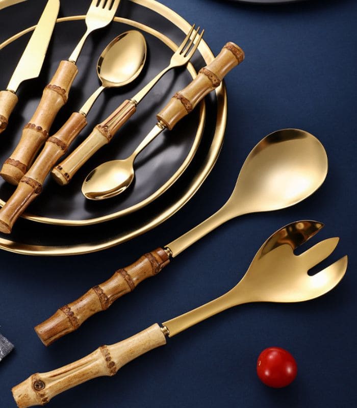 Bamboo Handle Stainless Steel Salad Serving Set