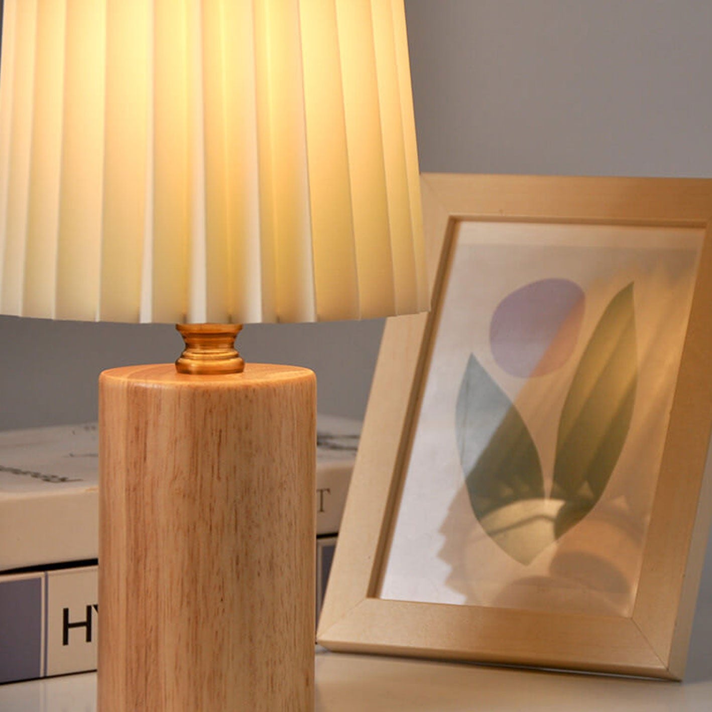 Vintage Korean Pleated Table Lamp with Solid Wood Base
