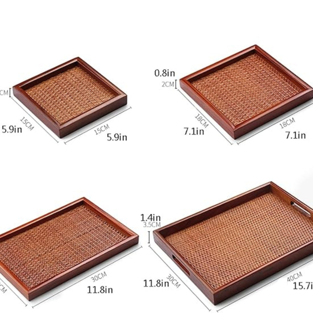 Rattan-Inspired Wooden Tea Tray Set