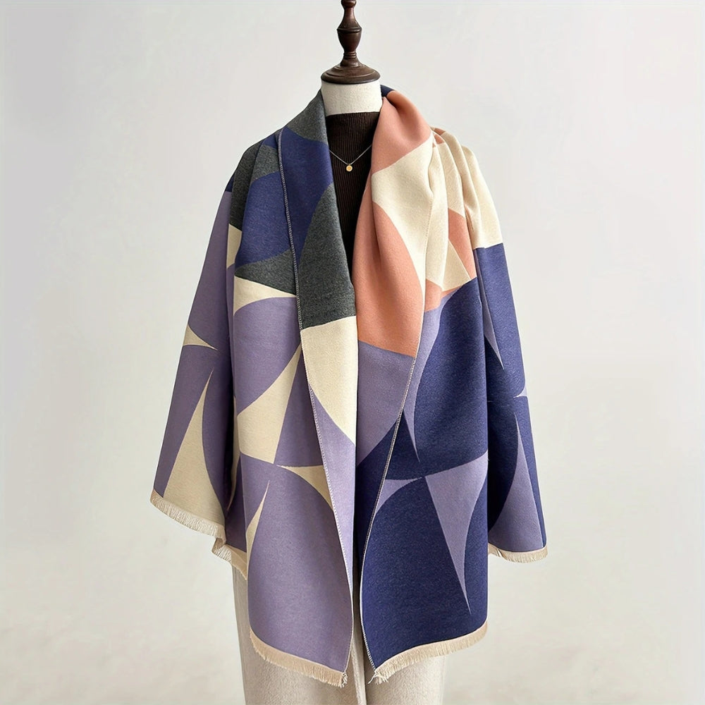 Reversible Geometric Color Block Poncho Scarf