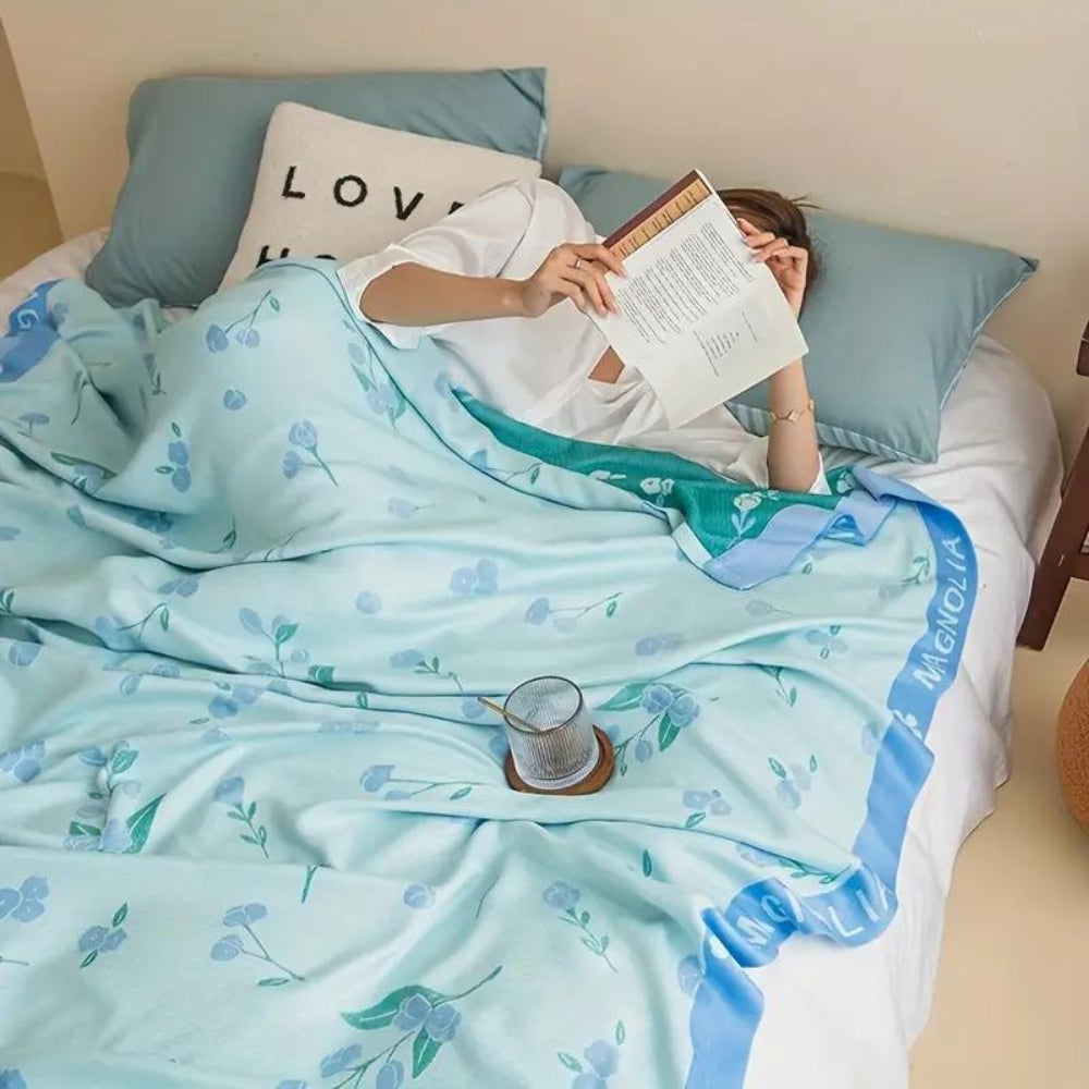 Reversible Blue Floral Bamboo Fiber Cooling Blanket