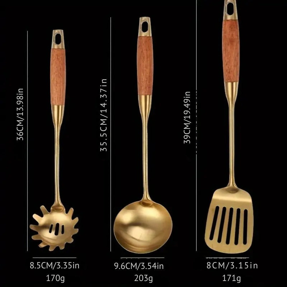 Golden Stainless Steel Kitchen Utensil Set with Wooden Handles