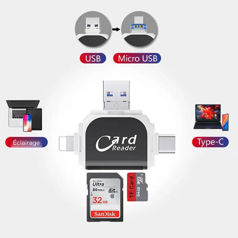 4-in-1 Universal SD TF Card Reader with Lightning and USB Connectors