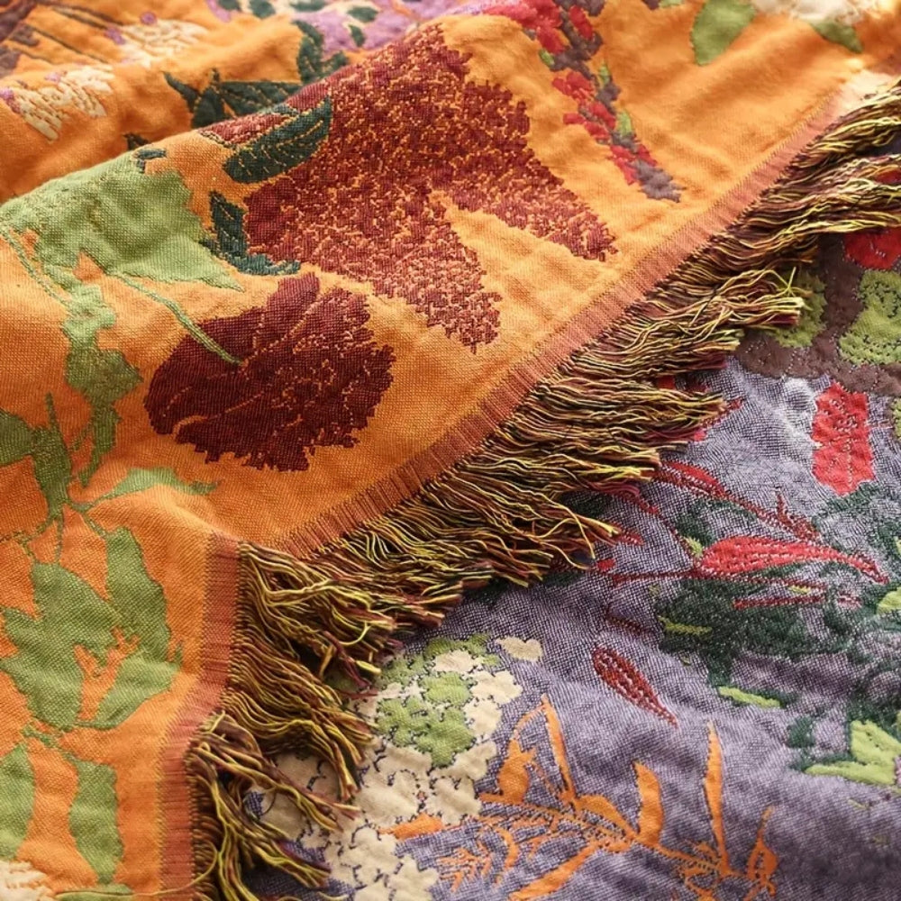 Floral Jacquard Cotton Tassel Blanket