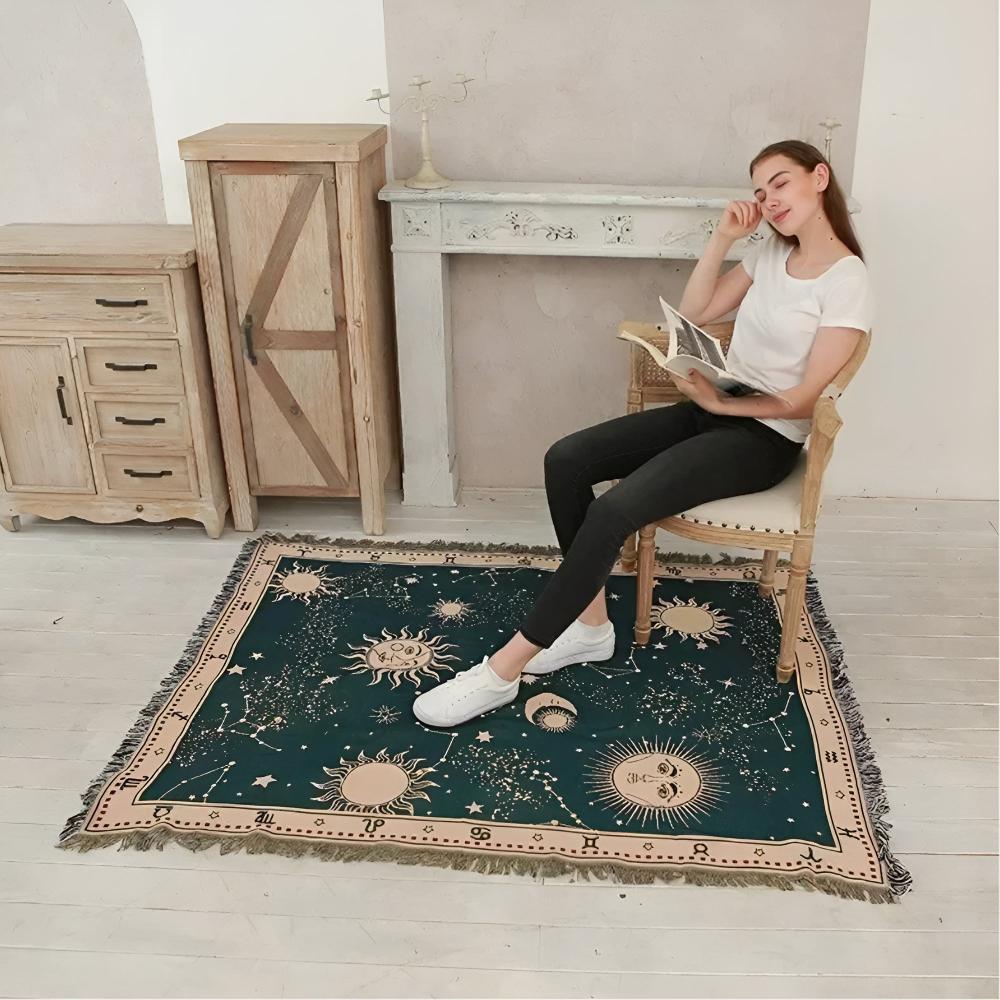 Reversible Sun Moon Stars Celestial Blanket with Tassels