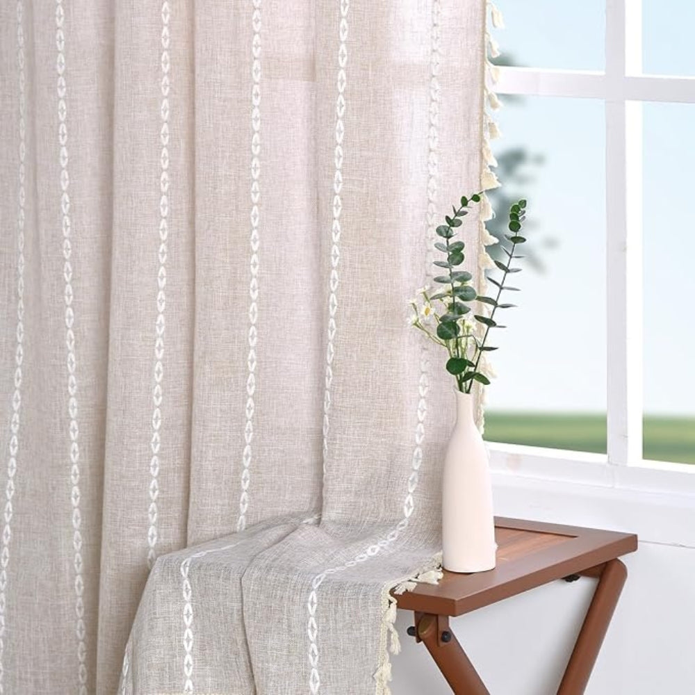 Boho Cotton Linen Kitchen Curtains with Tassels