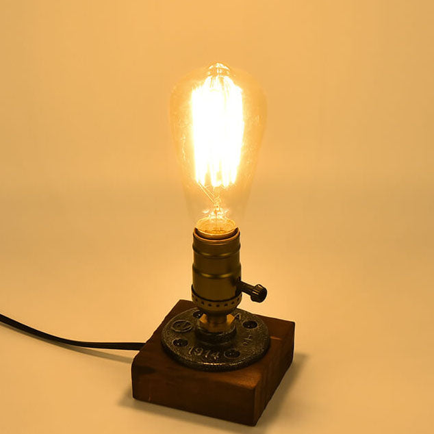 Vintage Industrial Iron Table Lamp with Pine Wood Accent