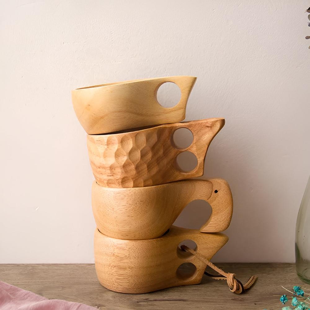 Natural Rubberwood Handcrafted Mug Set