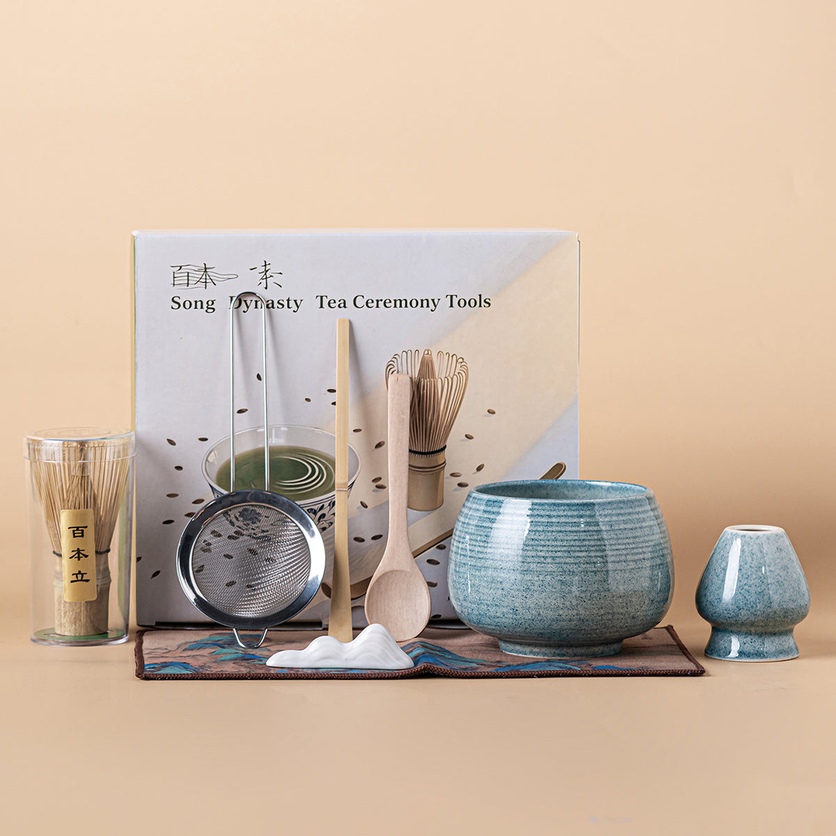 Kiln-Changed Light Blue Matcha Tea Set with Bamboo Whisk and Accessories