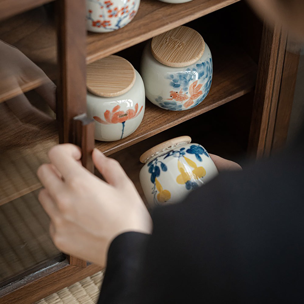 Hand-Painted Ceramic Tea Caddy with Jade-Like Glaze