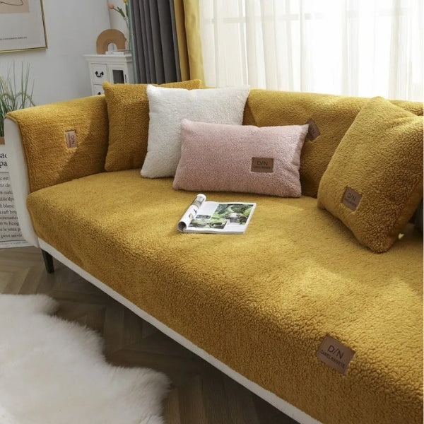 Waterproof Sherpa Fleece Sofa Cover with Anti-Slip Base