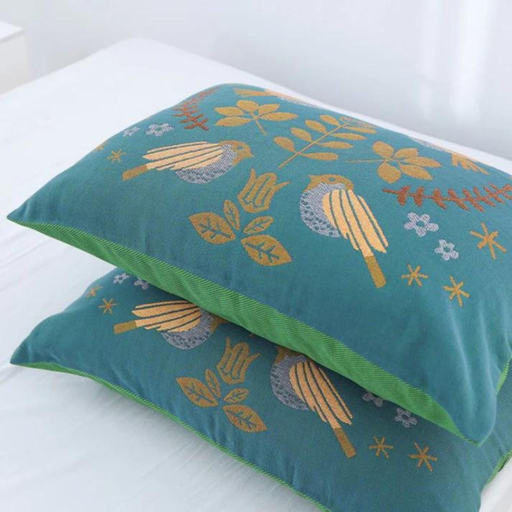 Scandinavian Cotton Gauze Pillowcases with Floral Bird Design