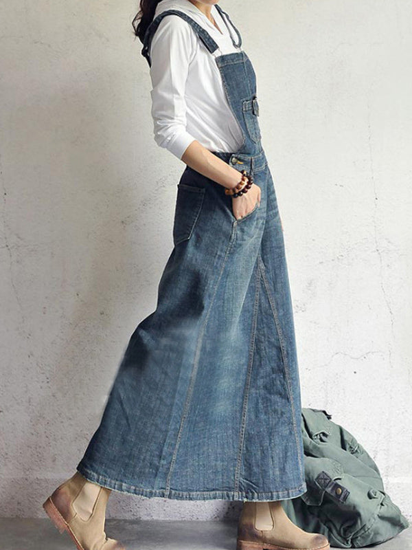 Vintage-Inspired Denim Overall Dress with Back Slit