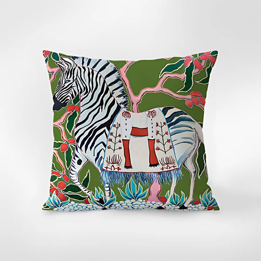 Zebra Print Tapestry Cushion Cover with Botanical Accents