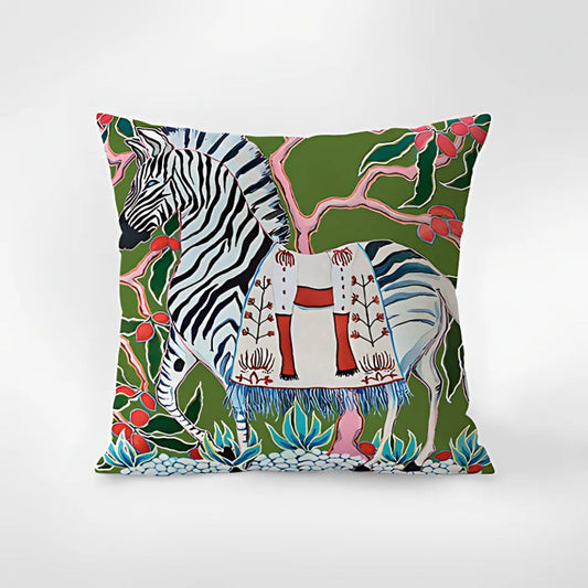 Zebra Print Tapestry Cushion Cover with Botanical Accents