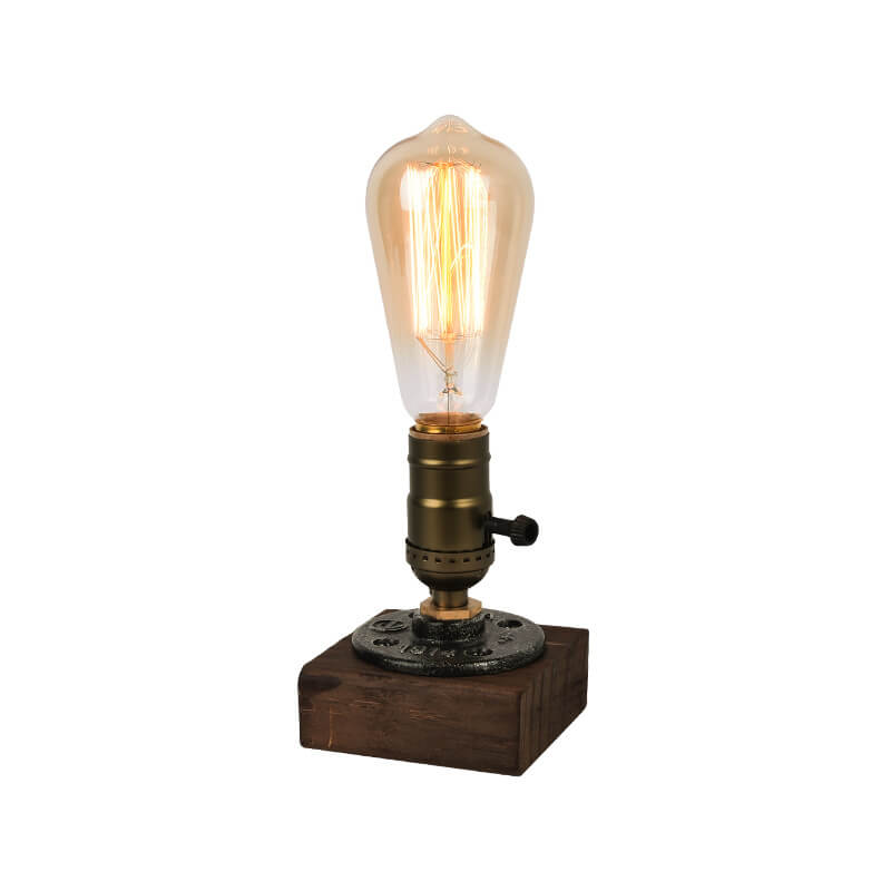 Vintage Industrial Iron Table Lamp with Pine Wood Accent