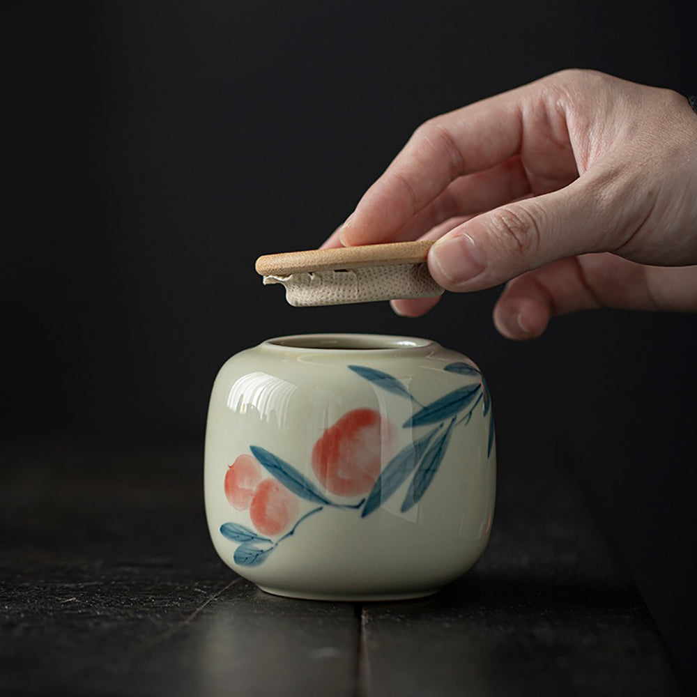 Hand-Painted Ceramic Tea Caddy with Jade-Like Glaze