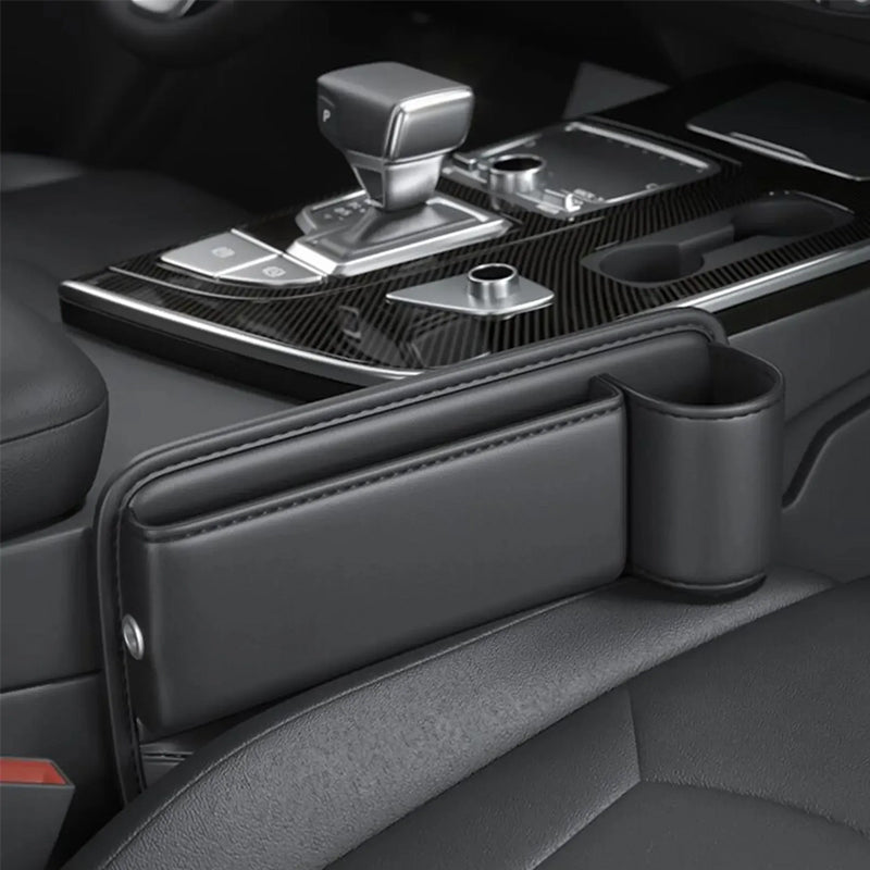 Car Seat Organizer with Charging Port - Black Leather Storage Box