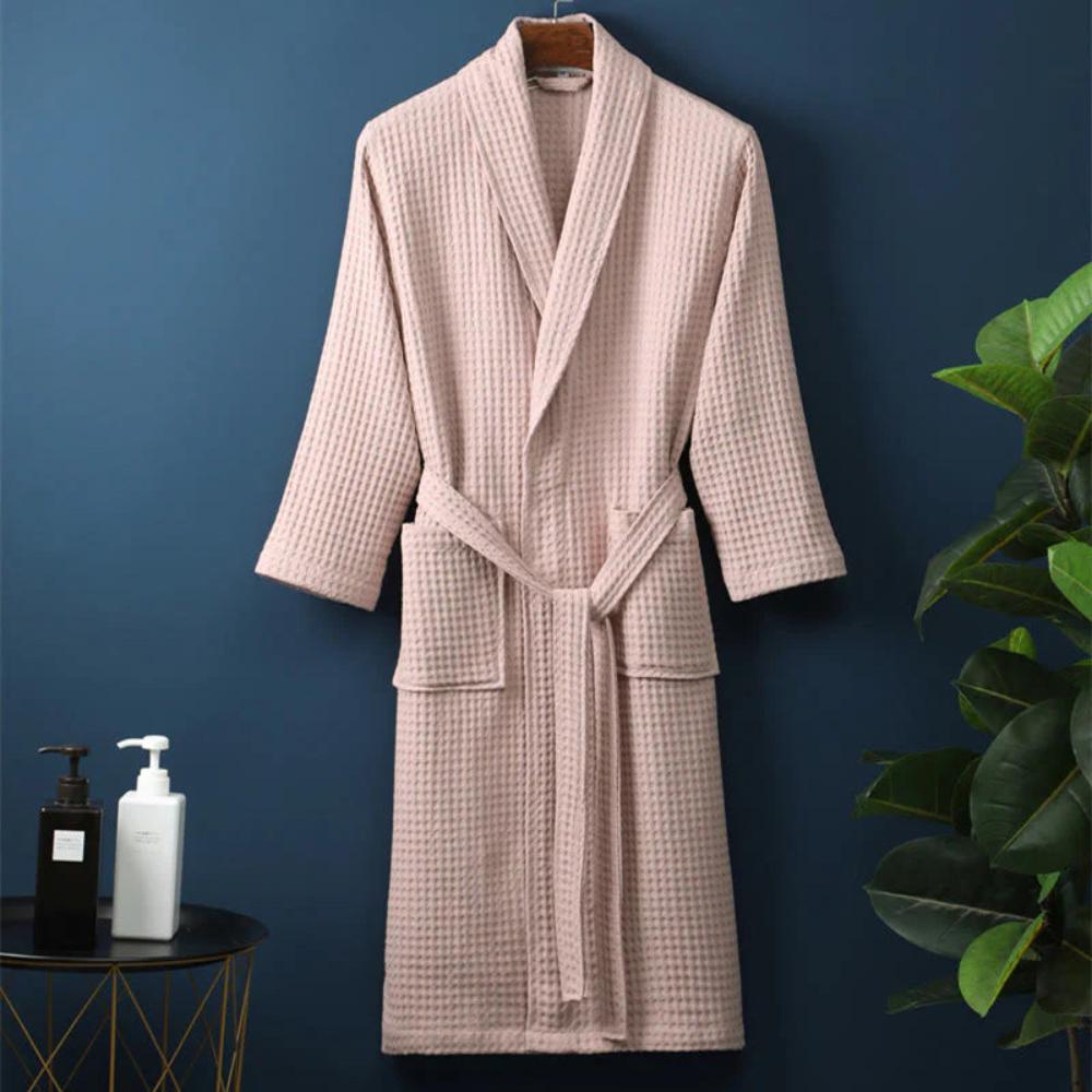 Waffle V-neck Cotton Bathrobe with Pockets