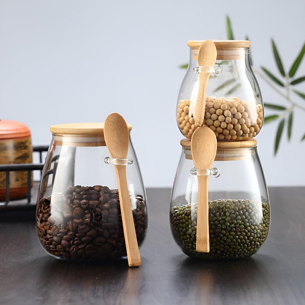 Airtight Glass Storage Jar with Wooden Lid and Spoon