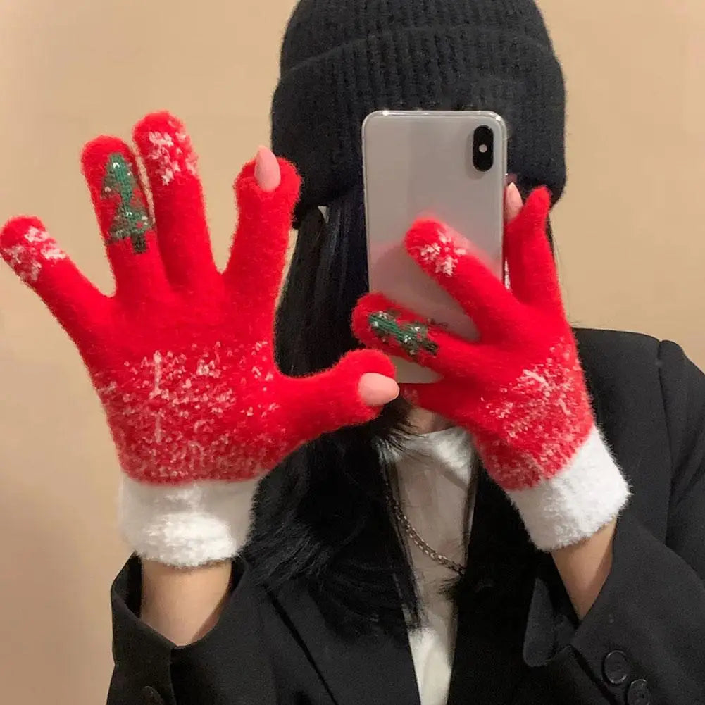 Fleece Lined Convertible Fingerless Gloves with Festive Design