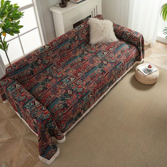 Bohemian Chenille Sofa Cover with Tassel Trim