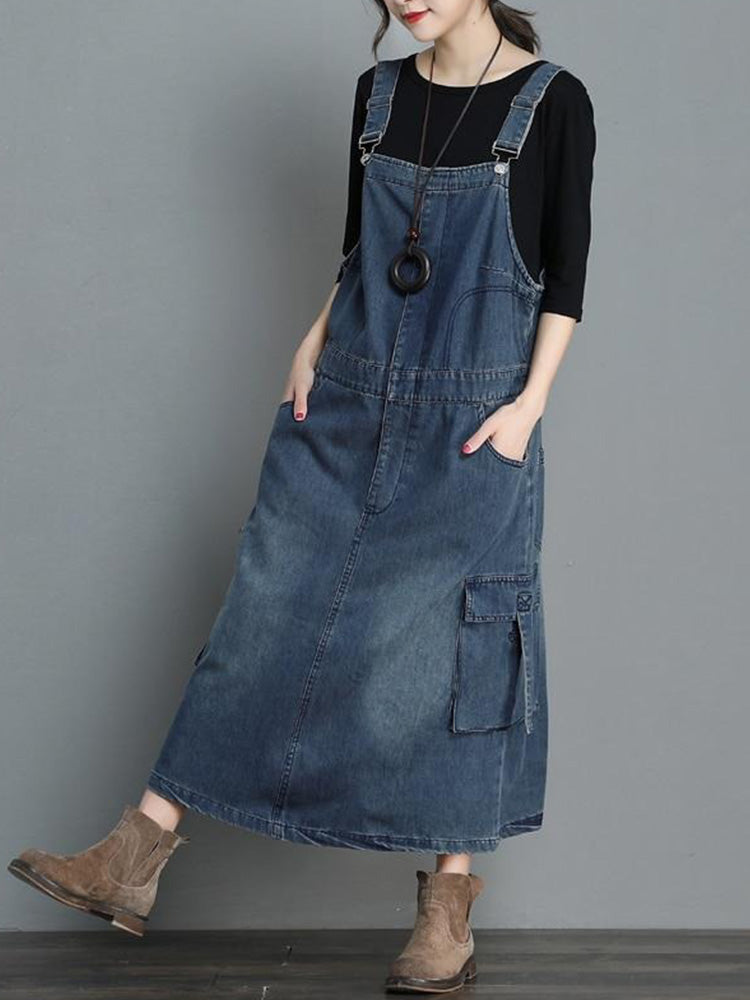 Loose Fit Vintage Denim Overall Dress with Adjustable Straps