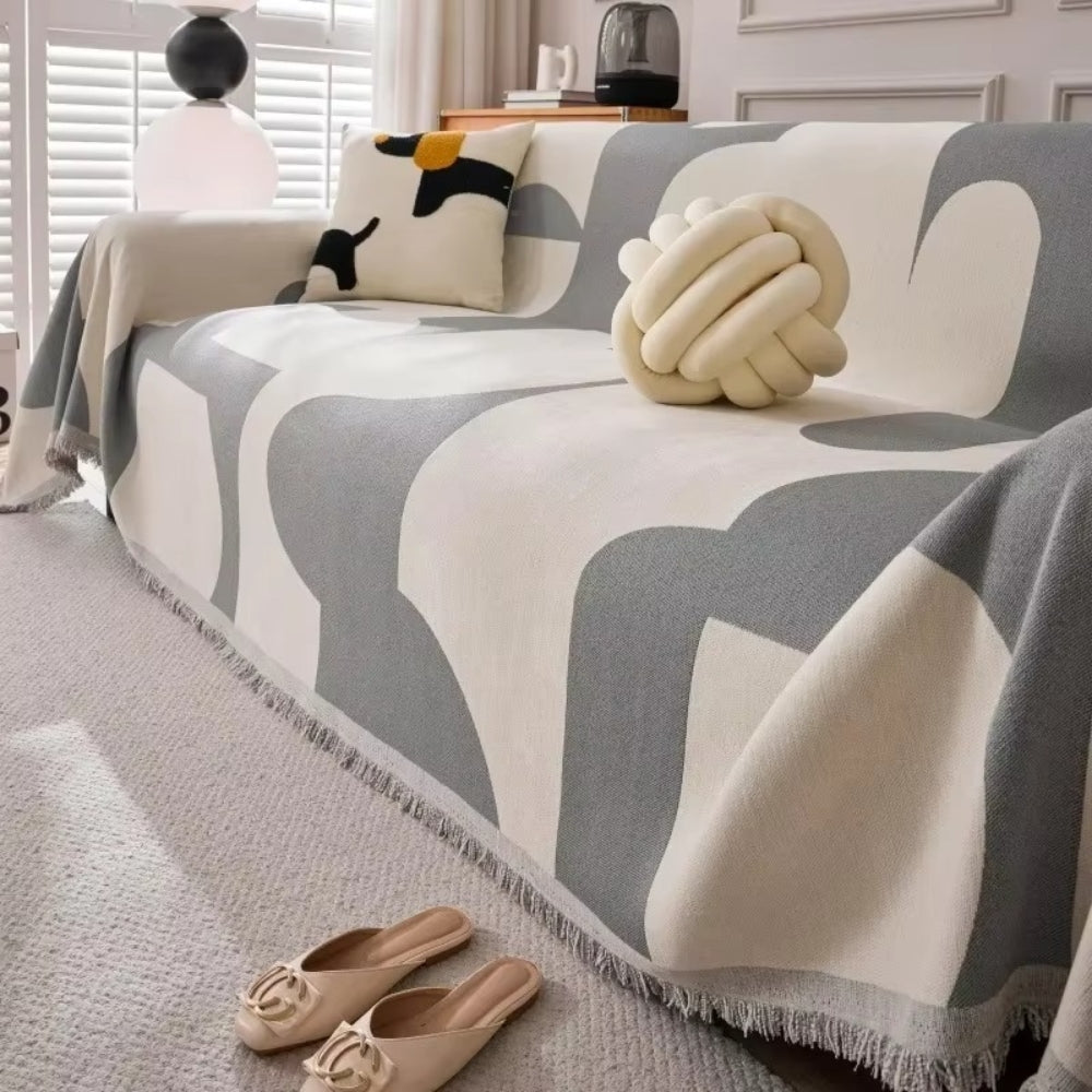 Reversible Boho Chenille Sofa Cover with Tassel Fringes