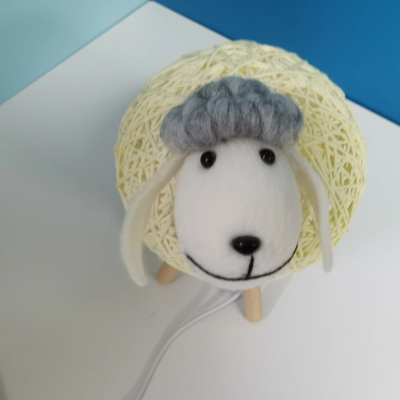 Sheep-Shaped Night Lamp with Woven Shade and Wooden Base