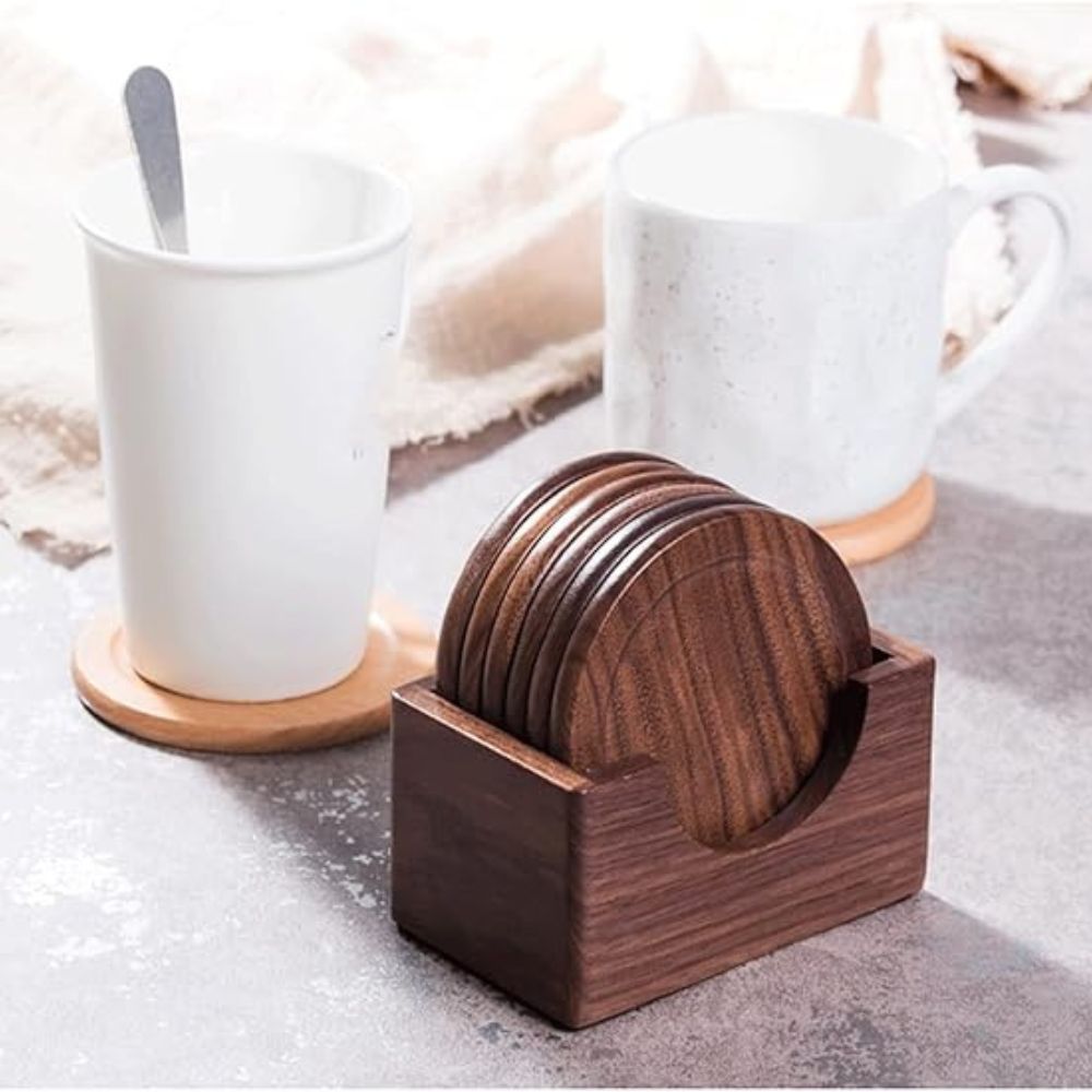 Japanese Walnut Wood Coaster Set - 6 Circular Coasters