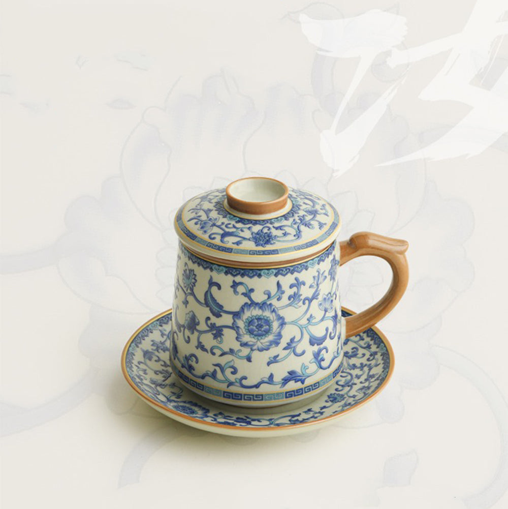 Blue and White Ru Kiln Ceramic Tea Cup with Lotus Design
