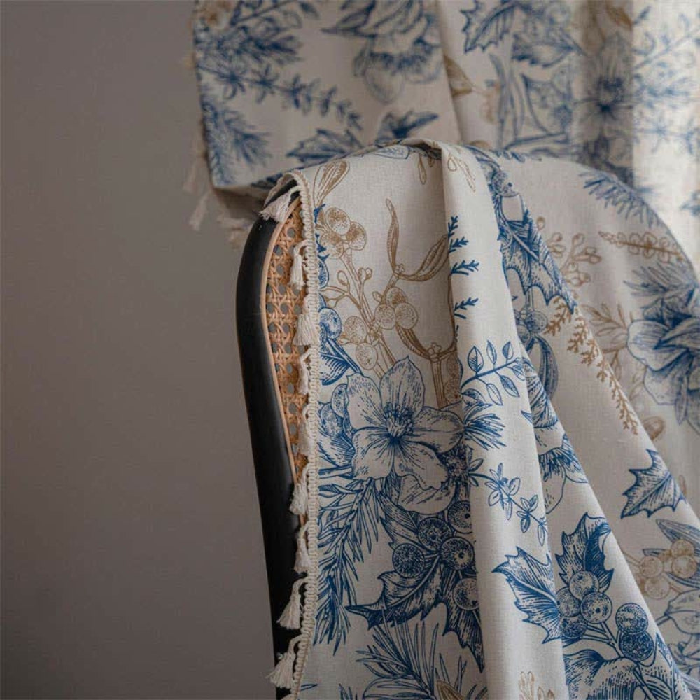 Blue Floral Semi-Blackout Curtain in Cotton-Linen Blend