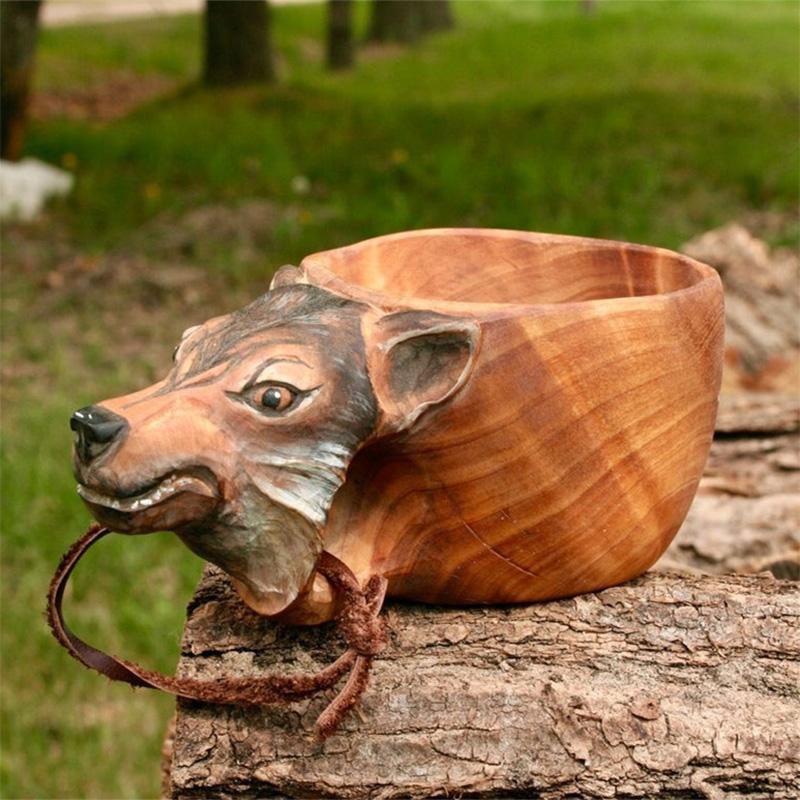 Hand-Carved Wooden Camping Mug with Leather Strap