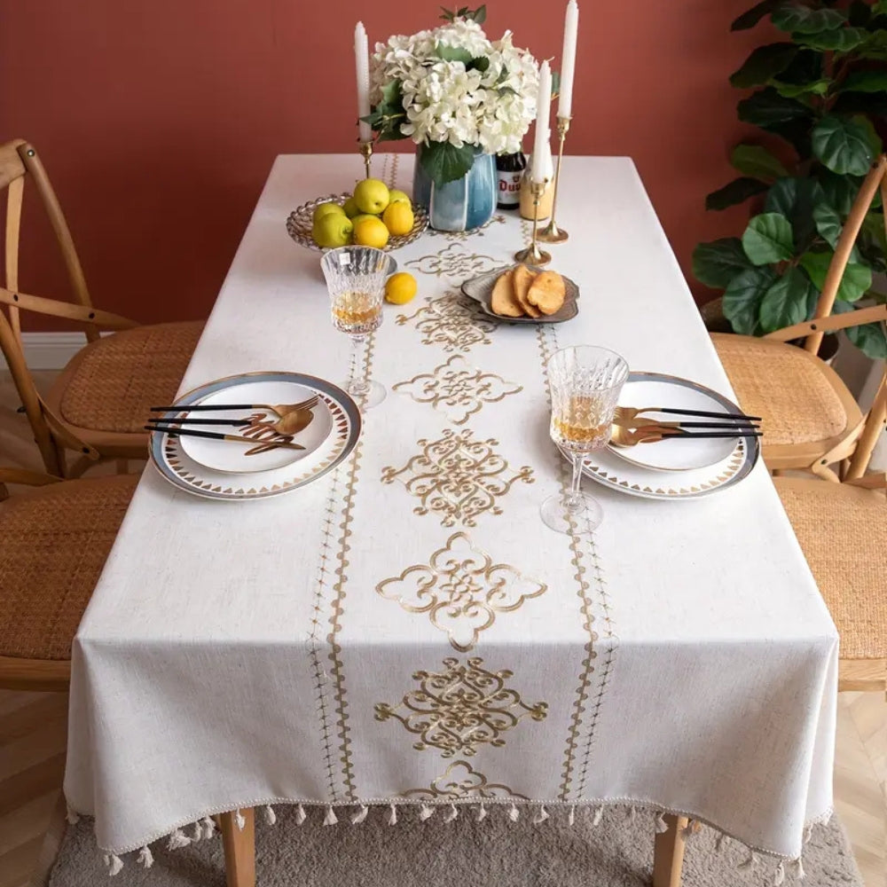 Embroidered Ivory Tablecloth with Jacquard Detailing